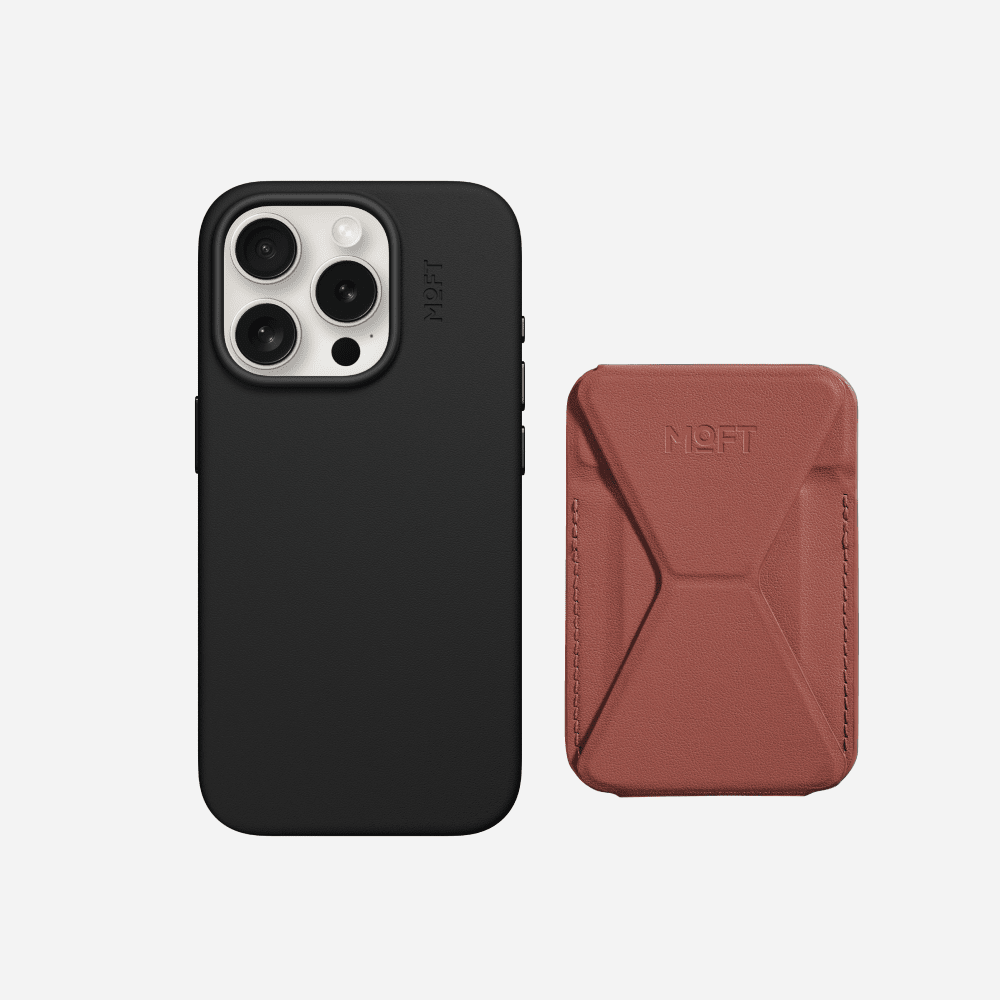 Snap-on Phone Stand & Wallet MOVAS™ - MagSafe Compatible For Phones MS007MP Sienna Brown with iPhone 15 Pro Snap Case MOVAS™ Jet Black